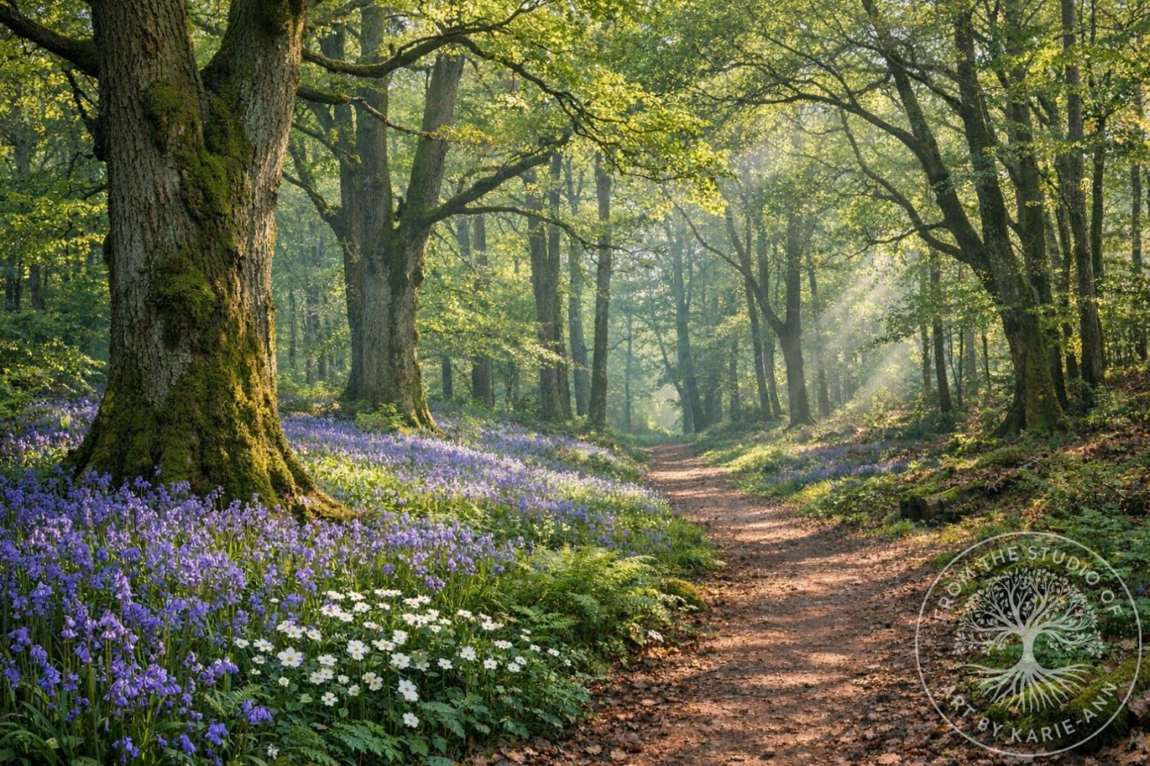 Spring woodland in the Forest of Dean with soft green light and emerging foliage, capturing the awakening of British wildlife and the quiet magic that inspires the Woodland Realm.